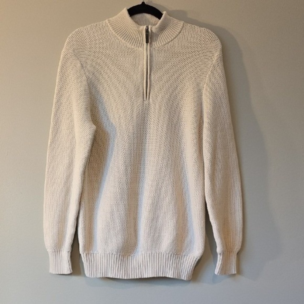 J.Crew Mens Quarter Zip Sweater Cream 100% Cotton Textured Knit Mock Neck Medium